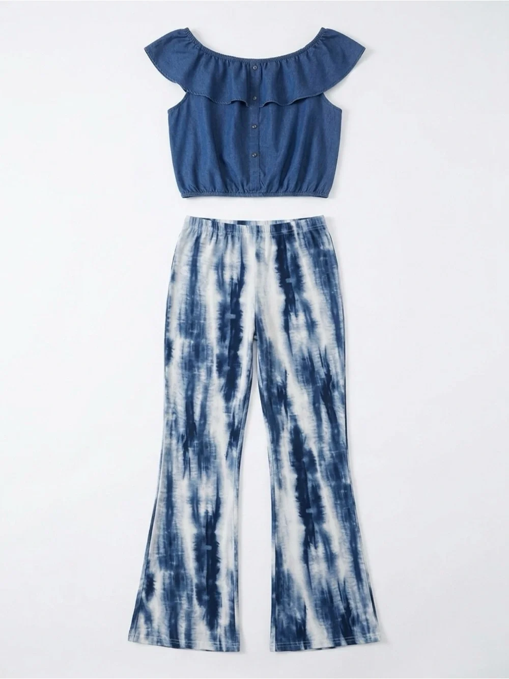 Blue Off-Shoulder Ruffled Crop Top with Tie-Dye Flare Pants